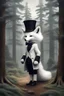 Placeholder: Cute fantasy white fox wearing a top hat; big pine trees all around; in the style of Steve McCurry