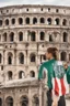 Placeholder: Imparare l'italiano. Gli studenti imparano la lingua, mentre dietro sullo sfondo l'alfabeto italiano. Il Colosseo e la bandiera italiana.