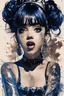 Placeholder: Poster in two gradually, a one side the Singer Melanie Martinez face, full body, sit pose, painting by Yoji Shinkawa, darkblue and sepia tones,sinister, detailed iridescent, metallic, translucent, dramatic lighting, hyper futuristic, digital art, shot with Sony Alpha a9 Il and Sony FE 200-600mm f/5.6-6.3 G OSS lens, natural light, hyper realistic photograph, ultra detailed -ar 3:2 -q 2 -s 750,malevolent goth vampire girl face and other side