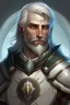 Placeholder: Please create an image for a 30-year old half-aasimar male with silver hair and a short, square beard and blue eyes. He is a cleric of Selune, whose symbol should be placed on the cleric's shield, if visible in the image. The cleric should be wearing either medium or heavy armor, and carrying a warhammer or a mace and a shield