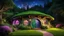 Placeholder: hobbit cottage in the woods surrounded by trees, night, whimsical feel, pinks, blues, purple and green colors, circular hobbit-style door, circular hobbit-style windows, green grass roof, starlight, chiaroscuro, quaint, homely, inviting, LOTR, Tolkien