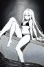 Placeholder: bikini long hair thin girl with leg in abyss pool, greyscale, sexy pose, screen tones