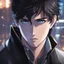 Placeholder: (masterpiece), (anime style), award winning, close up, centered, headshot, looking toward camera, messy black hair, young man, blue eyes, modern, dynamic lighting, ultra detailed, (epic composition, epic proportion), professional work, black clothes