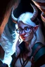 Placeholder: A Dnd Tiefling with a long tail and small horns in a dark cave. A female archeologist with white hair, wearing glasses, in adventurer's clothes. Cunning, beautiful, cool.