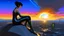 Placeholder: A white woman with black hair, in an android-looking catsuit, sitting on a rock, sideways, with Saturn planet behind her, filling most of the sky, a futuristic city on the horizon, evening sunlight