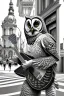 Placeholder: One single mature owl, playing guitar in the street , Vienna, friendly, sunny day, model style, hyper realistic, extremely accurate, delicate, extremely detailed, Graphic novel style, wide-angle, open aperture, superfine pencil