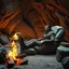 Placeholder: photograph, futuristic looking prehistoric cave with a campfire where a Neanderthal caveman wearing a leopard print tuxedo reclining in a rock Barcalounger reading a stone tablet book, photorealism