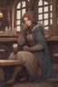 Placeholder: DnD style, medieval beautiful woman dressed in warm winter clothes sitting in a tavern