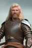 Placeholder: strong medieval men warrior with blond short hair, blue eyes and wide warm smile with an axe with green and brown clothes