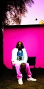 Placeholder: Snoop dogg, sitting. a chair. pink houses, pink sky, pink smoke, trees, outdoors. Groove street. 28mm