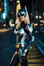 Placeholder: super model pretty girl,fashion style,good body,blonde longer hair,high performance robot costume, batman robotic suit, woman inside,sunglasses,chrome shining paint, led lights, good A.I. Interpretation, batman inspiration, Autobots,high definition photo, intrincate details, HD, buildings night city background