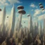 Placeholder: New york 3D blender full lenght with big flying mushrooms in the sky and tall towers