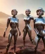 Placeholder: Ultra Realistic retro sci-fi movie scene, 1960 year, waist up view portrait, 3 clones blonde women, sweet young una Thurman face, perfect iris, glow eyes, face makeup. Mars and martians background, Retro sci-fi style, helmet, tight latex coat, fog, rain, soft color, highly detailed, unreal engine 5, ray tracing, RTX, lumen lighting, ultra detail, volumetric lighting, 3d, finely drawn, high definition, high resolution.