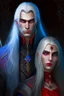 Placeholder: A couple, from the dnd game curse of Strahd. The woman has long white hair and blue eyes, the man has LONG BLACK hair and red eyes, no facial hair. He is standing protectively behind her.