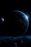 Placeholder: dark planet with three moons, starry sky, spaceship