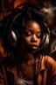 Placeholder: earthy black young woman listening to music with headphones, soul, peace, majestic, earthy colours, at peace, happy, incense, jewels, bands, natural, old school headphones, blasian, incense, no epicanthal folds, darker skin tone