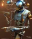 Placeholder: happy mechanoid person playing jazz with a steampunk theme, realistic