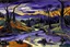 Placeholder: A purple swamp with bats painted by Edvard Munch