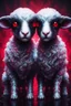 Placeholder: Comic book art style two headed lamb with red eyes, digital portrait, dark fantasy, black iridescent skin, holographic, shiny, PVC texture, wet look, anime, gothic