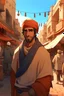 Placeholder: Morrocan hero in anime in marrakech with his upper body in souk in a good position A little far from the camera