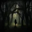 Placeholder: Generate an creepy shadow of a hooded man in an eerie forest with twisted trees, vines, and otherworldly elves hidden in shadows. The ground is covered in moss and leaves. A haunting chorus echoes in the distance. The overall mood should be mysterious and unsettling. Avoid modern elements or bright colors. There has to be shadows in the tops of the trees or behind the trees.