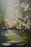 Placeholder: Oil painting of lush Sakura blooms like fine splatters, flowers falling in the water below, abstract, muted colours