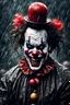 Placeholder: ultra detailed and highly realistic image of a gothic, scary clown, close up of him standing in the rain, the rain messed up his face makeup as it smudged of his face, chaotic, dramatic upclose view, 32k, splatter paint style