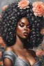 Placeholder: Create an expressive oil painting art image of a curvy black female wearing a grey off the shoulder blouse and she is looking down with Prominent makeup. Highly detailed tightly curly black afro. Background of large peach and grey flowers surrounding her