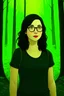 Placeholder: an illustration of a young woman with dark shoulder-length hair, fair skin, and green eyes. She wears glasses, and a black tshirt and jeans. She has round features. She is exploring a forest.