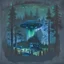 Placeholder: a dark forest with a house in the distance and a ufo in the sky, dark tones impressionistic