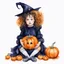 Placeholder: Hyperrealistic watercolor illustration of a little girl with curly hair in a witch costume sitting facing the viewer and hugging a bright orange large pumpkin with a Halloween muzzle. White background