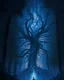 Placeholder: An ethereal and otherworldly scene of a dark, moody forest at night, with gnarled trees and twisted roots illuminated by a glowing blue mist, and a ghostly figure hovering in the center, its features indistinct and shifting as if made of smoke.