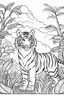 Placeholder: Showcase a cute tiger in a lush Asian rainforest, clean line art, white background, no shadows, black and white coloring book.