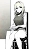 Placeholder: blonde girl speaks sitting on a chair, grayscale