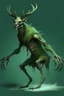 Placeholder: wendigo green fur slightly hunched over with deer skull covering head and face, fingers ending in claws with long arms reaching knees, eyes that are sunken back, full body image