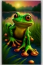 Placeholder: Create a captivating, high-resolution image of a leapfrog on a riverbank. The frog should appear almost hypnotic, with a gaze that directly engages the viewer as if it's looking into the camera. The artwork must be rendered in an 8k ultra-detailed cartoon style, showcasing vibrant colors and intricate details that bring the character to life