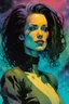 Placeholder: create an imaginative amorphous female interstellar cybernetic pirate with finely detailed facial features, short dreadlock hair, in a smokey alien bar, the comic book art style of Bill Sienkiewicz, Mike Mignola, and Jean Giraud Moebius, finely textured, drawn, colored, and inked