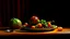 Placeholder: Grapes. Dishes. Oranges. Wood table.