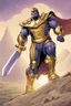 Placeholder: Thanos, the commander of the army of aliens and the king of the entire galaxy, is ready to go on a campaign with his two large swords, his very beautiful and impenetrable armor with his golden helmet, standing on top of a hill with his sword with infinity gauntlet