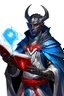 Placeholder: En Young male black skin tiefling fra dnd holding a book with Arcane Magic in a silver and White Rope and a silver cloak. His horn a perfectly place on acet from the front to the back pointing upwards with glowing Red cat Eyes glowing Blue Arcane Magic around them ice crystals flowing around him. His close is elegant get simple. A ad