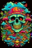 Placeholder: Psychedelic monkey skull looking high and grinning, surrounded by clouds and overgrown with psychedelic mushrooms. Birds flying around the skull. Digital drawing. Colorful. t-shirt design. Cartoon. Digital cartoon. Mid detailed. Super happy. Cheerful. Light hearted. Colorful. Vibrant colours.