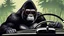 Placeholder: Gorilla wearing thick glasses driving a car. Illustration in the style of Ed Roth.