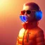 Placeholder: Bird toddler, smile, cyberpunk headphone, sunglass, gangsta neckless, full body, orange puffer jacket, tokio background, dramatic lighting, hyper realistic, unreal engine 5, 16k