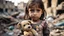 Placeholder: palestinian little girl holding her toy with tears and Destroyed buildings in the background