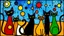 Placeholder: a playful abstract stained glass window in the style of Joan Miró, featuring six minimalist cats made of bold black lines and simplified organic shapes. The composition includes floating eyes, moons, dots, and stars in primary colors — red, yellow, blue — mixed with bright green and black. Each cat is reduced to essential forms: circles, curves, sharp ears, long tails, integrated into a colorful, free-flowing pattern. The stained glass has a modern, light-hearted energy, filled with whimsical sy