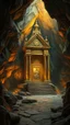 Placeholder: Bosch painting style , An amazing temple with a great religious golden status all around in un underground cave with dim lights