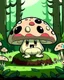 Placeholder: magical kawaii mushroom with a big, frowning mouth and droopy eyes, sitting on a mossy log in a quiet and peaceful forest, lost in its own thoughts, high details, forest background, cute, kawaii style, outline,