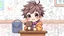 Placeholder: detailed digital art style, cute anime, detailed chibi face with smile, sitting on school desk in hand a bear toy, in colorful modern clothes , messy hair random drawing background, childbook style, highly detailed, no photorealism
