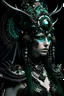 Placeholder: Beautiful faced Warrior Princess portrait In opal and malachite stone ribbed ,textured metallic and black pearl floral ribbed leather vantablack techno dark goth armour, wearing malachite stone and quartz stone ornated Warrior floral headress vantablack techno shamanism, agate stone, azurit and quartz beads troyan costume organic bio spinal riibbed detail of etherial rainy background extremely detailed hyperrealistic intricate athmospheric full body portrait