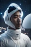 Placeholder: an indonesian man with white futuristic clothing looking intently at the night sky